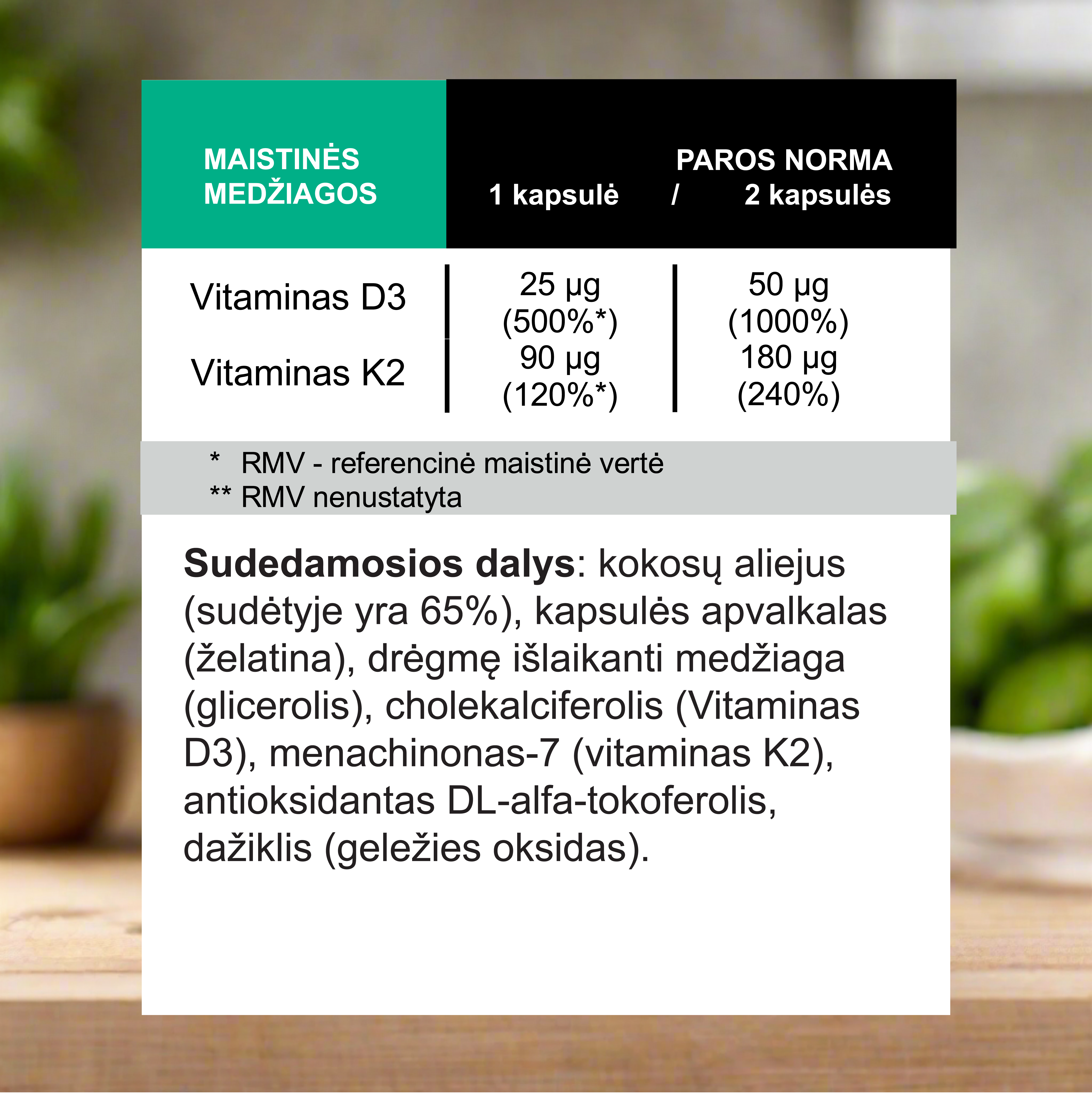 Vitaminas K2 + Vitaminas D3, 100 vnt.