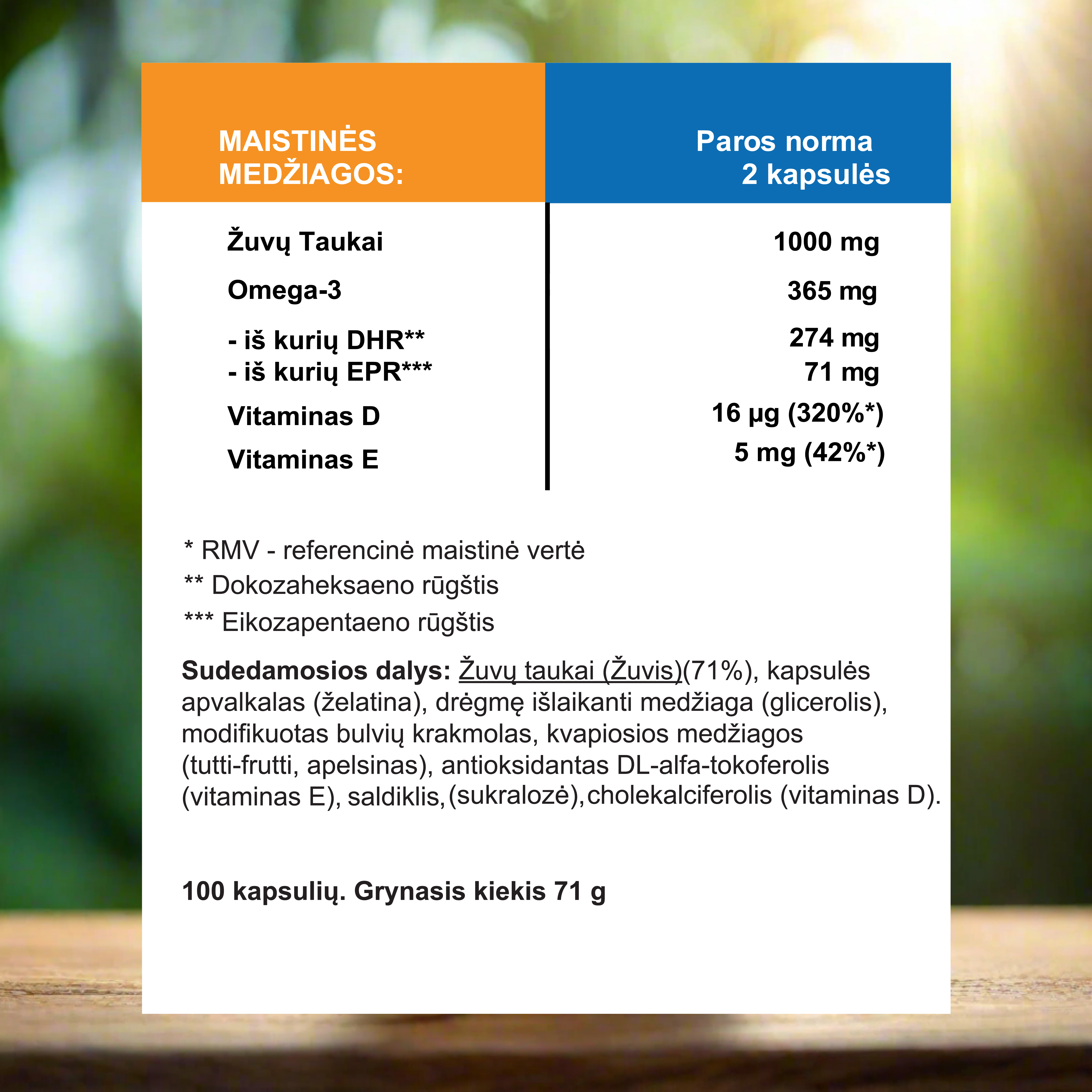 Omega-3 Vaikams + Vitaminas D3 ir E, 100 kapsulių