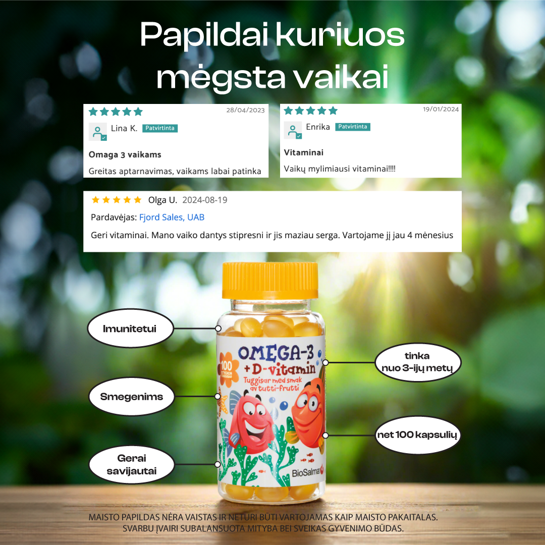 Omega-3 Vaikams + Vitaminas D3 ir E, 100 kapsulių