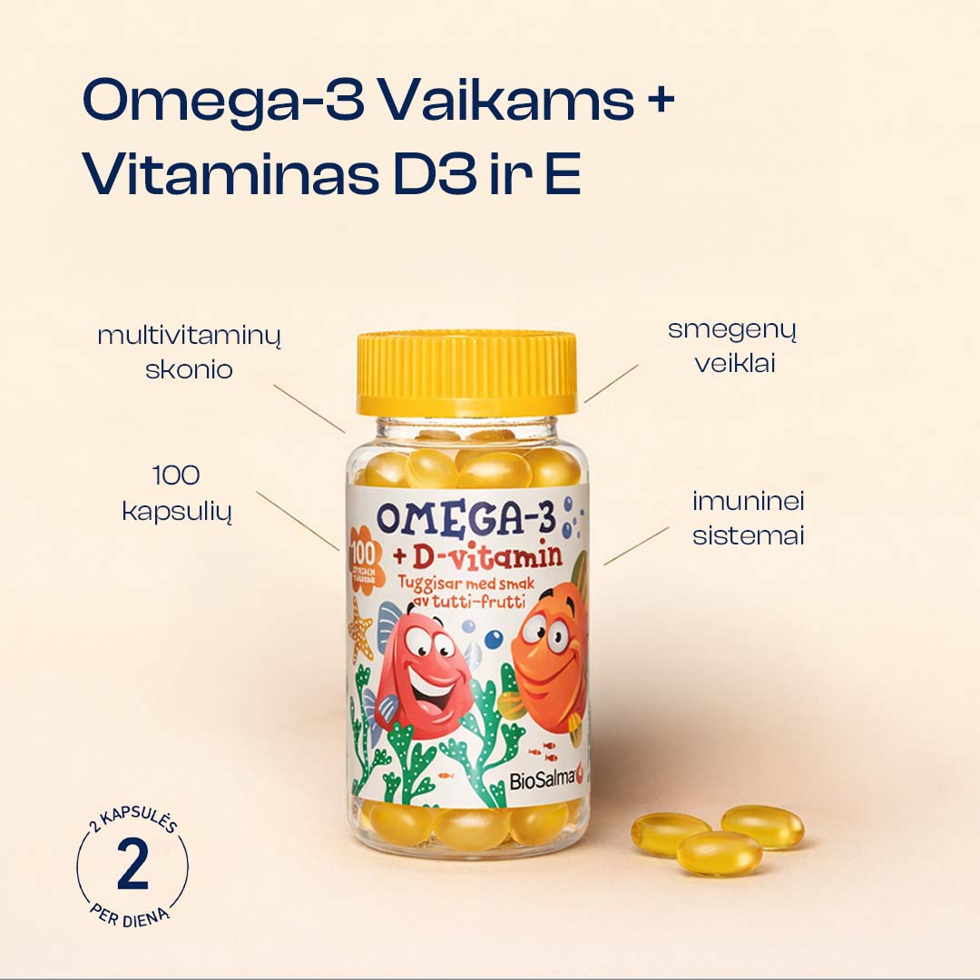 Omega-3 Vaikams + Vitaminas D3 ir E, 100 kapsulių