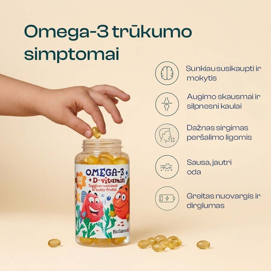 Omega-3 Vaikams + Vitaminas D3 ir E, 100 kapsulių