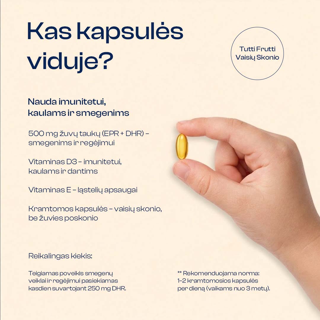 Omega-3 Vaikams + Vitaminas D3 ir E, 100 kapsulių