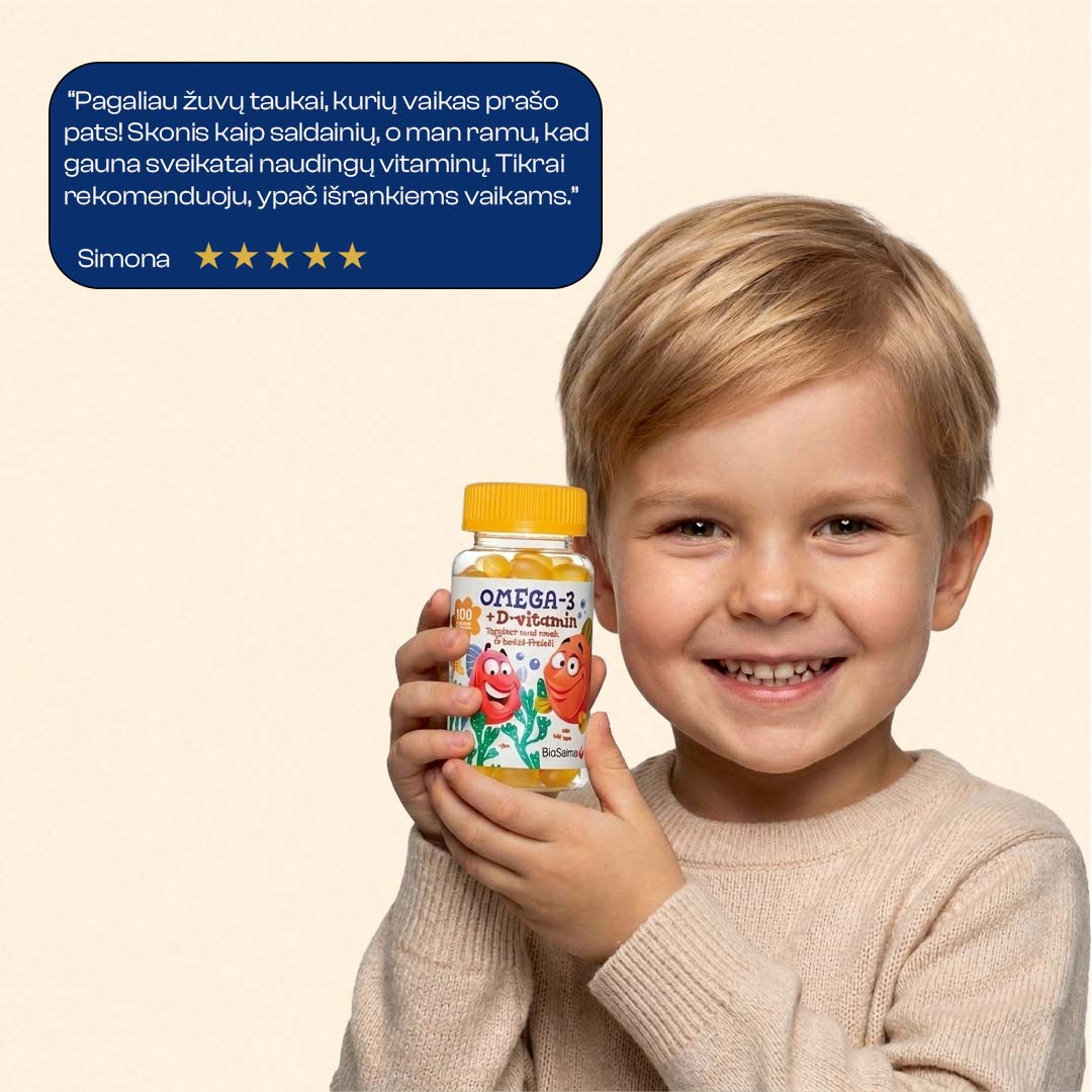 Omega-3 Vaikams + Vitaminas D3 ir E, 100 kapsulių