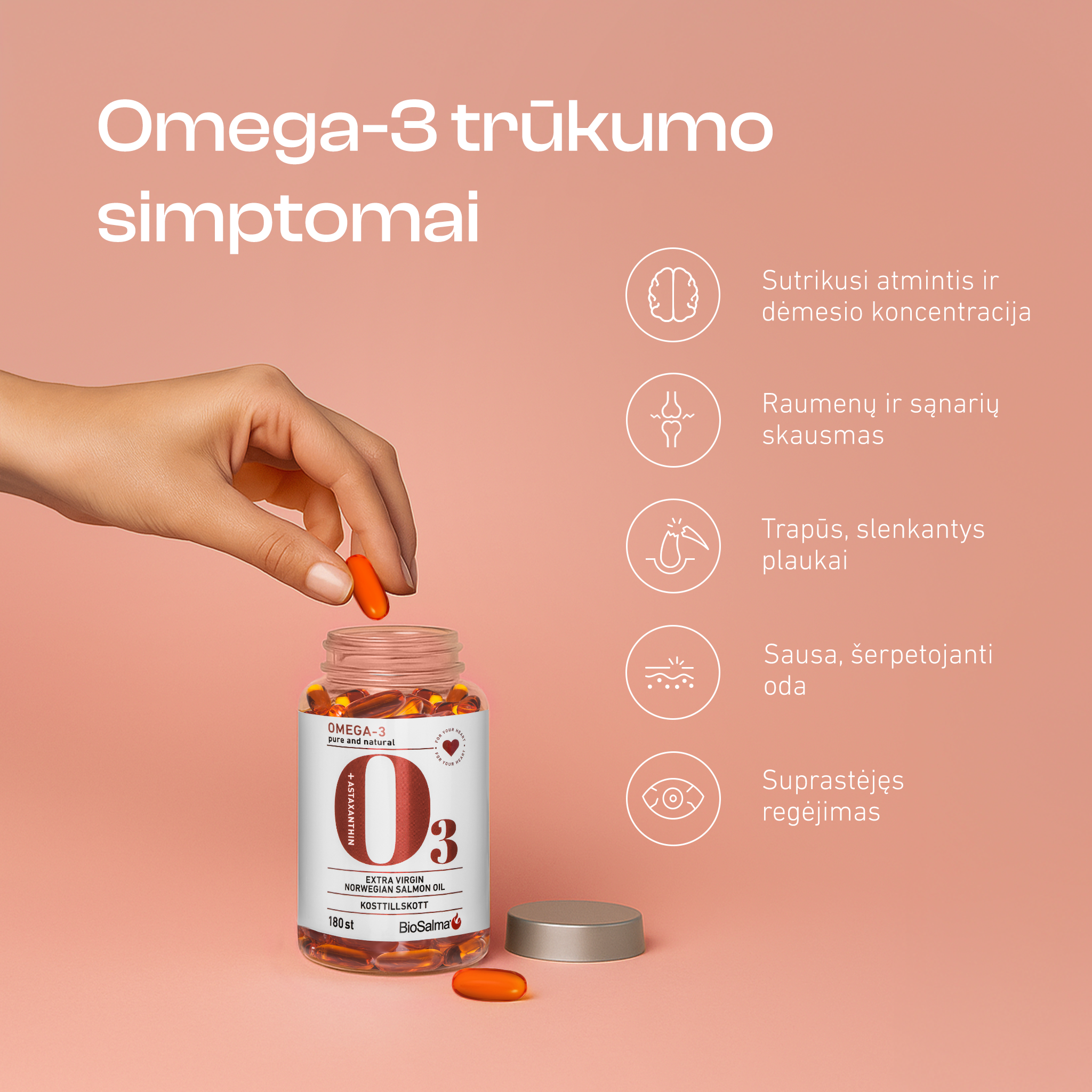 Omega-3 Tyri norvegiškų lašišų žuvų taukai, 180 kapsulių