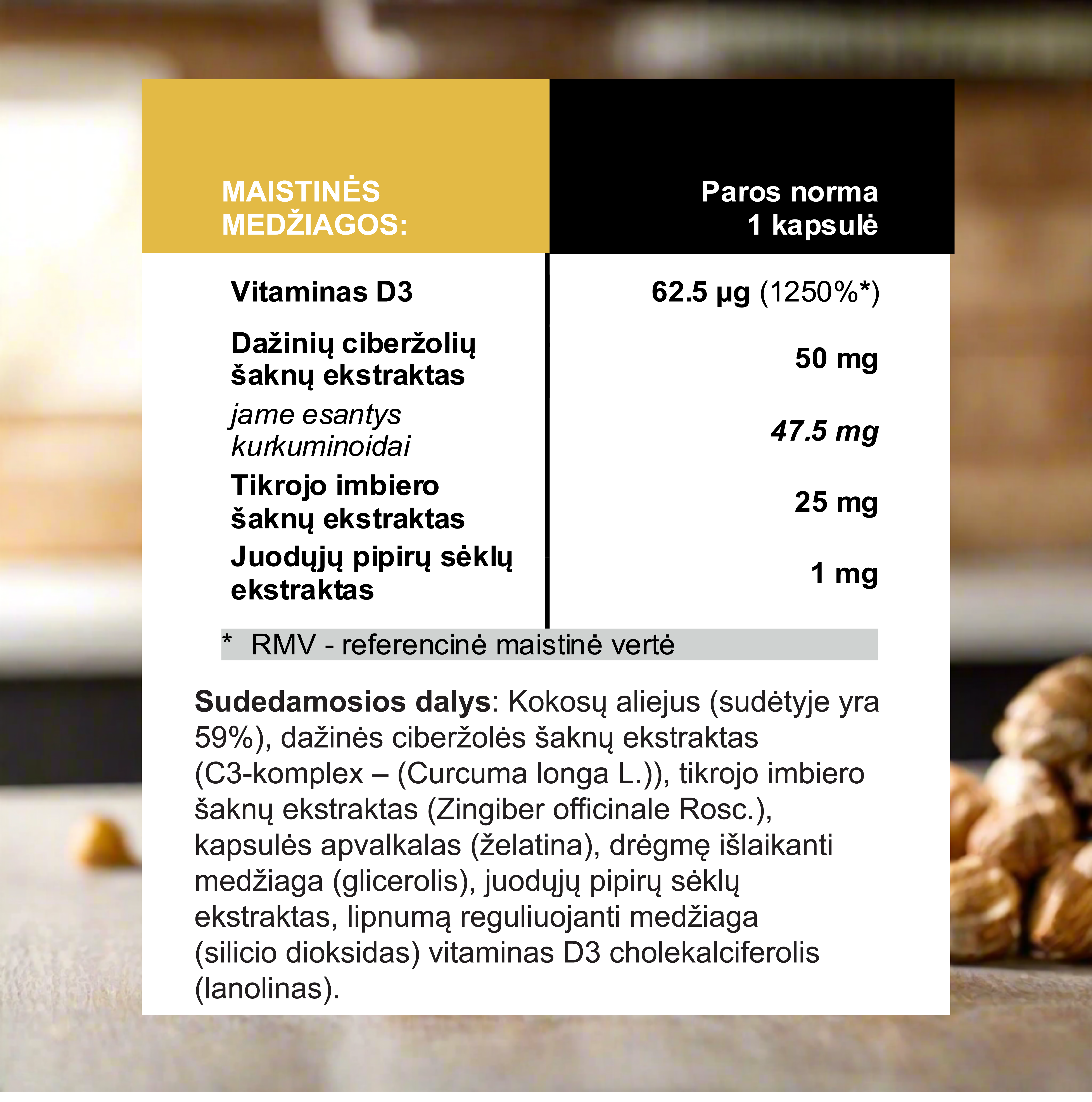 Vitaminas D3 (2500TV) + Ciberžolė, Imbieras ir Pipirai 120 kapsulių