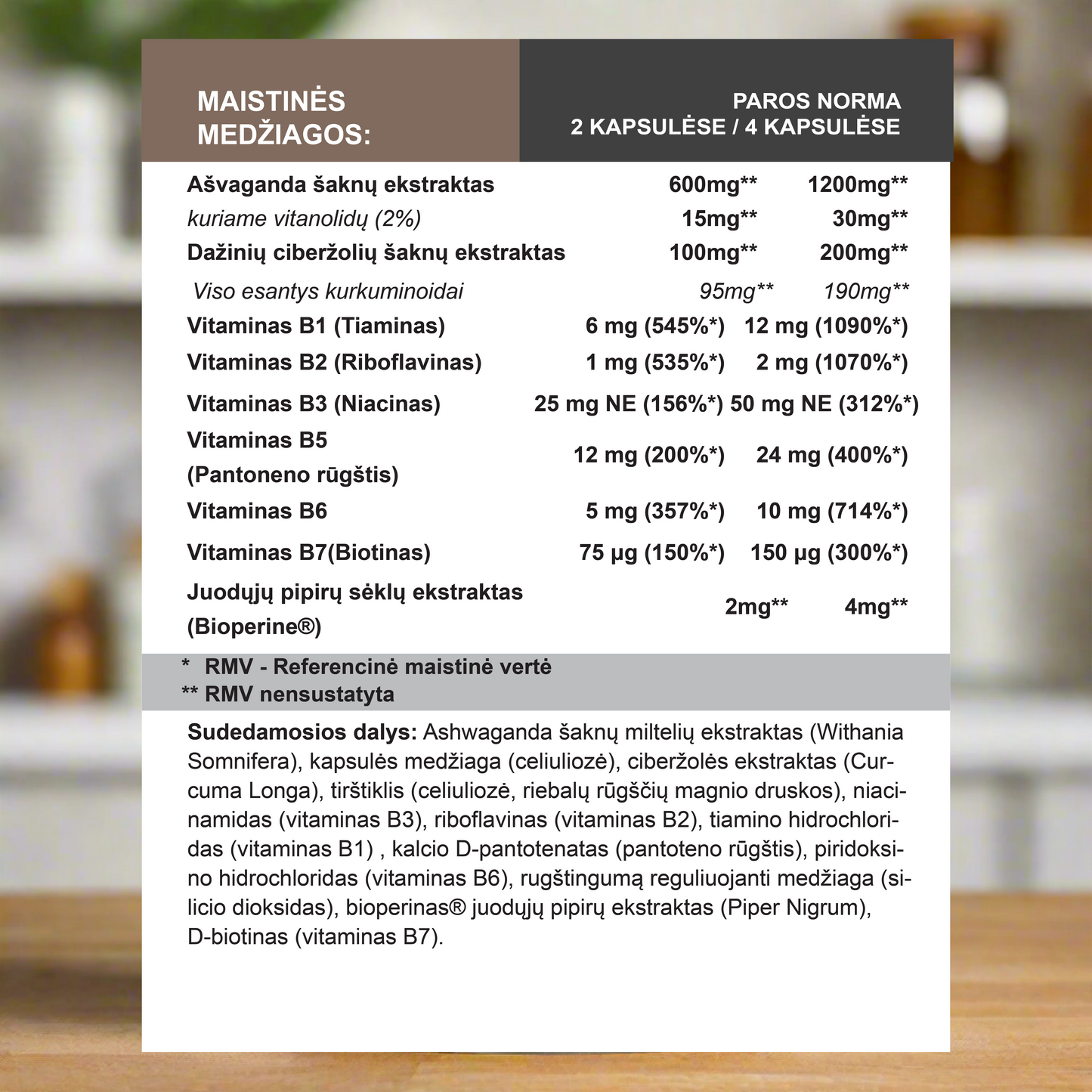 Ašvaganda su ciberžole ir Vitaminais B, 120 kapsulių