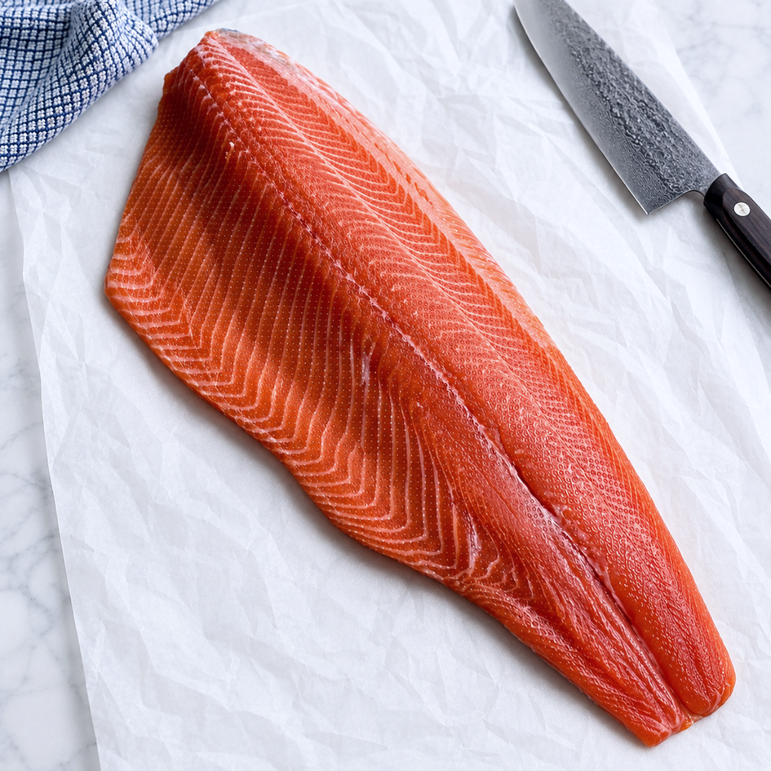 Norwegian Rainbow trout with skin-on, on a brown cutting board, sold by Fjord Sales