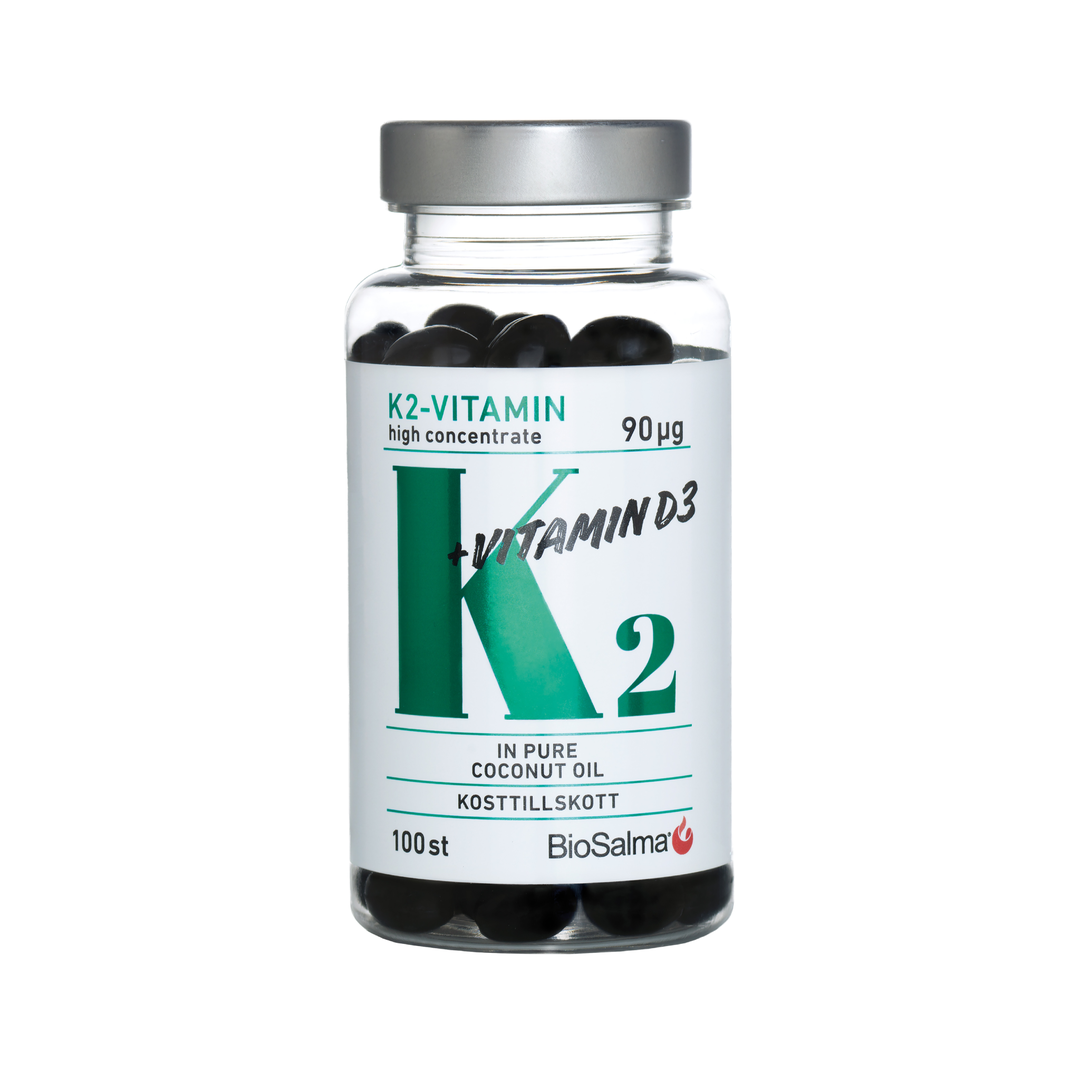 BioSalma K2 + D3 vitaminas - kaulų mineralizacija, kolageno sintezė, natūralus kokosaliejuje, 100 kapsulių
