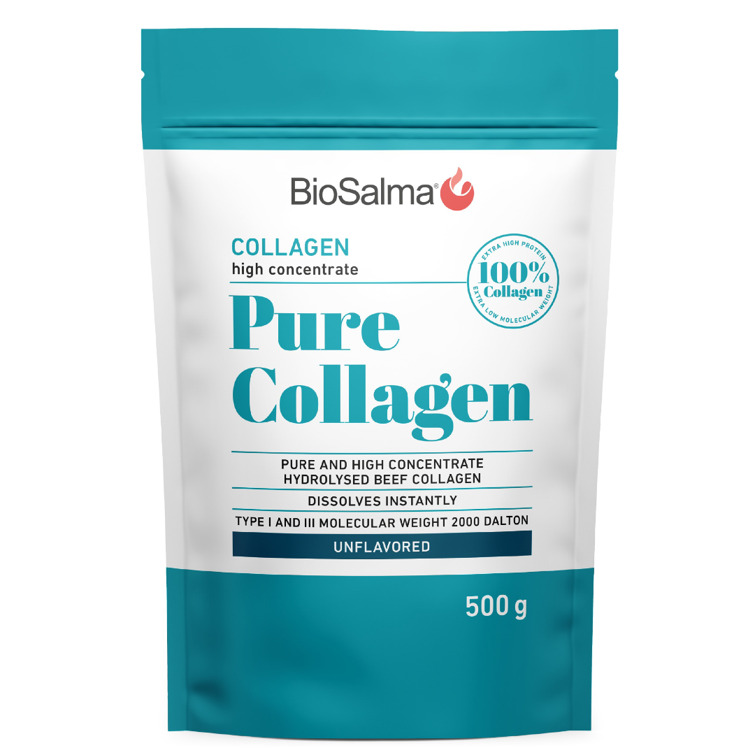 BioSalma Pure Collagen grynas hidrolizuotas galvijų kolagenas (I ir III tipo) — beskonis, greitai tirpstantis papildas odai, plaukams ir sąnariams, 500 g