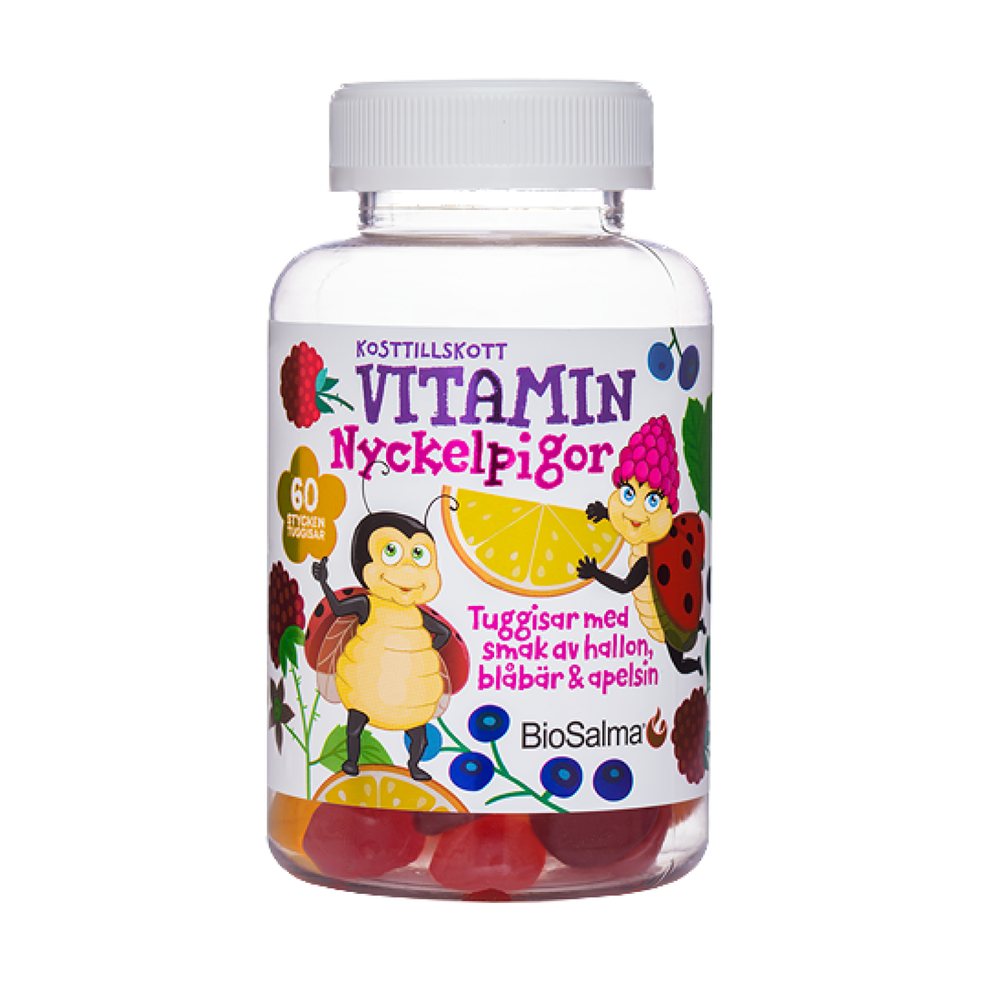 BioSalma „Boružėlės“ multivitaminai vaikams — aviečių, mėlynių ir apelsinų skonio guminukai su 7 vitaminais, 60 vienetų