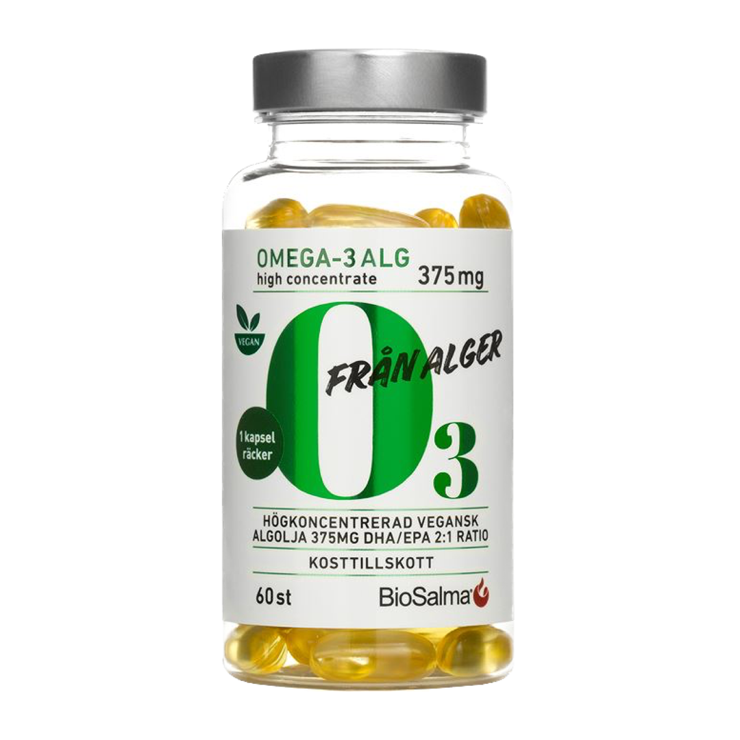 BioSalma veganiška Omega-3 iš jūrų dumblių aliejaus — aukštos koncentracijos 375 mg DHR ir EPR (santykiu 2:1), 60 kapsulių