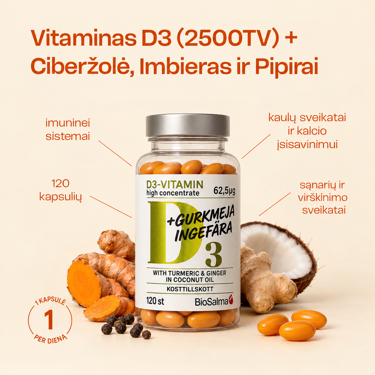 Vitaminas D3 (2500TV) + Ciberžolė, Imbieras ir Pipirai 120 kapsulių