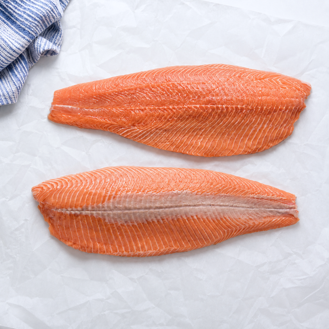 Atlantinės lašišos filė be odos, E-trim, sashimi kokybės – šviežia premium lašišos filė ant balto popieriaus.
