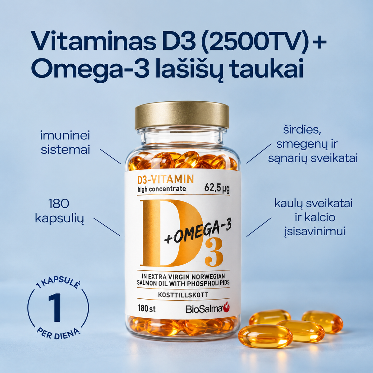 Vitaminas D3 (2500TV) + Omega3 lašišų taukai, 180 kapsulių